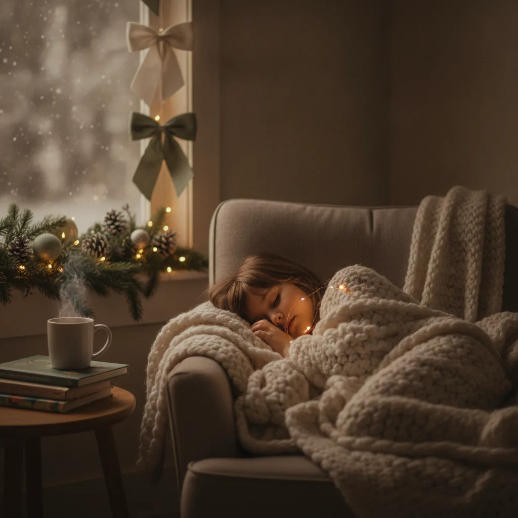 A calm parent comforting an overwhelmed young child near holiday lights at home