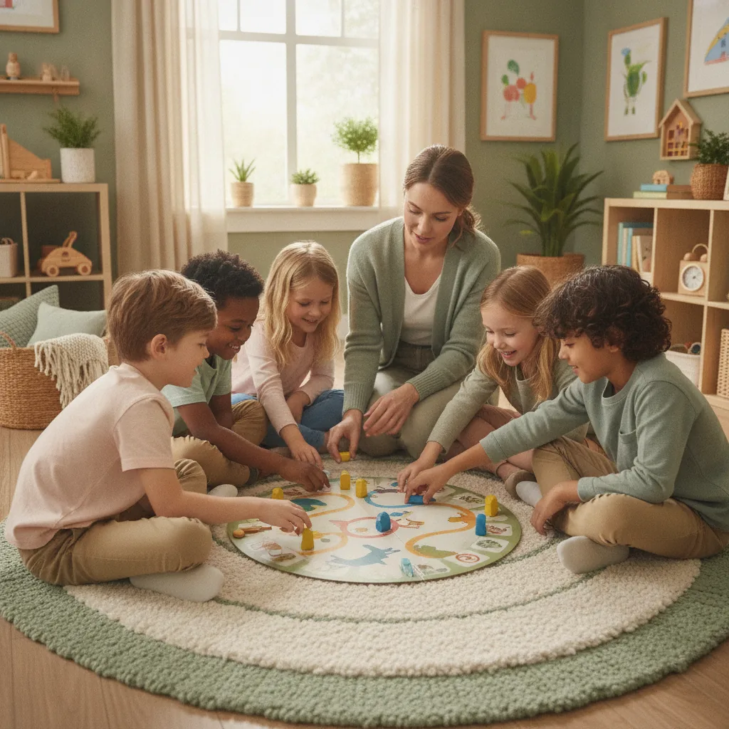 Young children sitting in a circle with a therapist during a small social skills group in Sherman Oaks
