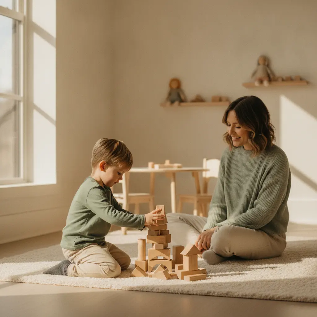 A young child engaged in play during a child therapy session in a bright, welcoming room - Child & Family Development Center in Sherman Oaks