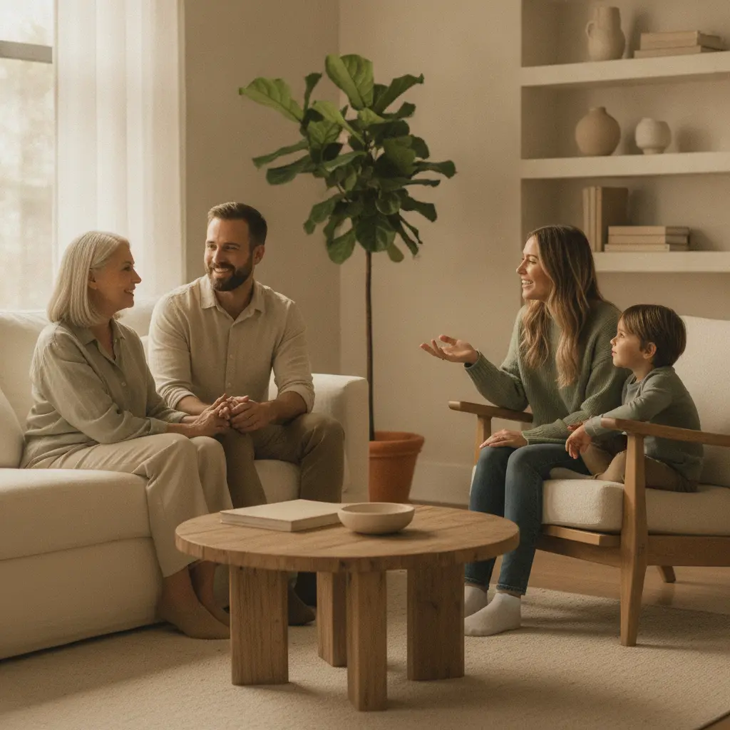 A family talking together in a warm, comfortable setting - Child & Family Development Center in Sherman Oaks
