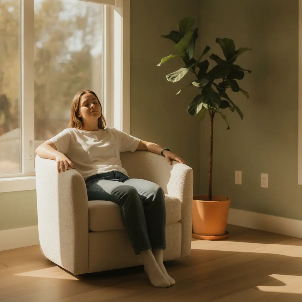 A person sitting comfortably in a quiet, sunlit therapy room during an individual session - Child & Family Development Center in Sherman Oaks