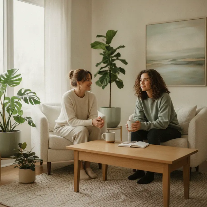 A clinician and client beginning a first conversation in a calm office - Child & Family Development Center