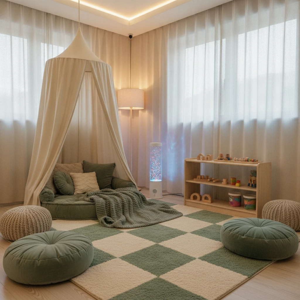 A softly lit sensory room with calming textures and self-regulation tools where a child can reset - Child & Family Development Center